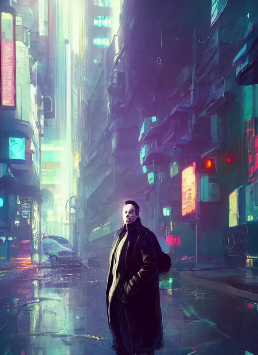 Image similar to a beautiful portrait of elon musk in the streets of cyberpunk city. character design by cory loftis, fenghua zhong, ryohei hase, ismail inceoglu and ruan jia. artstation, volumetric light, detailed, rendered in octane