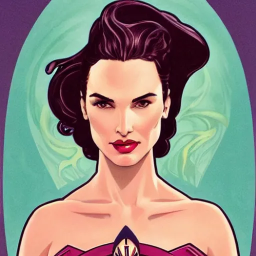 Prompt: a streamline moderne painting of gal gadot as the pink power ranger in the style of charlie bowater, and in the style of alphonse mucha. symmetry, smooth, sharp focus, semi - realism, intricate detail.