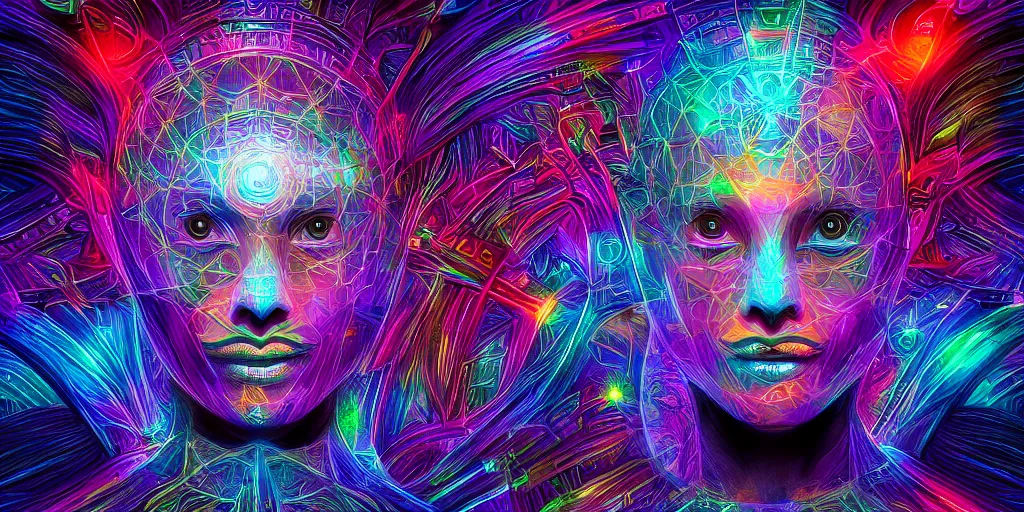 Image similar to transcendence into collaborative intelligence, endless collaboration with ai, connectedness, body, by alex grey, award winning, beautiful, colorful, volumetric lighting, trending on artstation, cinematic