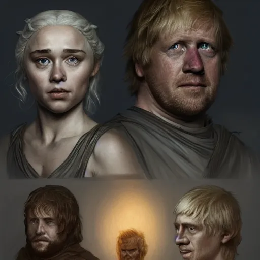 Image similar to the cast of game of thrones as boris johnson, anatomy, bathed in light, highly detailed, photorealistic, artstation, smooth, sharp focus, illustration, unreal engine 5, 8 k, art by artgerm and greg rutkowski and edgar maxence