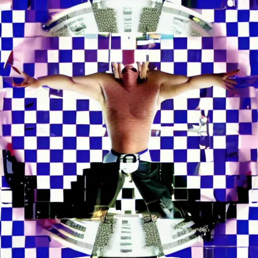 Image similar to fatboy slim, on a checkered floor