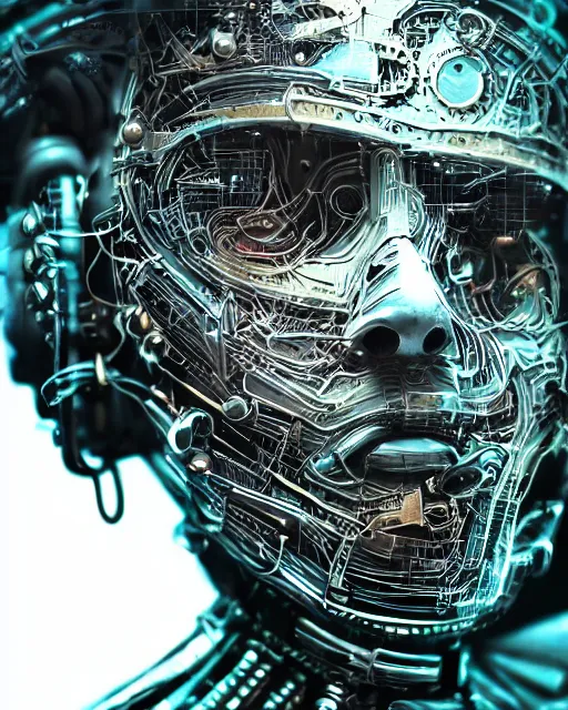 Prompt: a portrait of a human with half skin half cybernetic circuit boards, scifi, smooth, intricate sci fi panels made of metal, metal covered in chipped paint, military symbols on metal, elegant, highly detailed panel cuts, greeble detail, beveled edges, chamfer, caustics and refraction, neon glowing eyes, digital painting, artstation, concept art, high tech fantasy, sharp focus, illustration, art by marco plouffe arstation and guerilla games