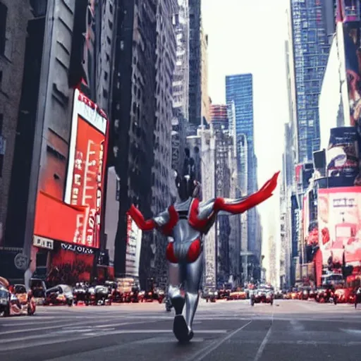 Prompt: giant ultraman walking on new york street!, cinematic,