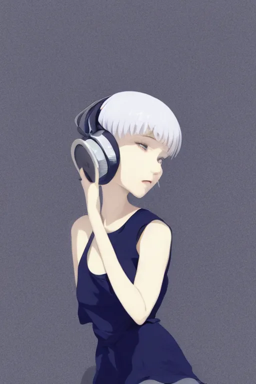 Image similar to a cute young woman leaning on a concrete wall while listening to music with her eyes closed and wearing headphones by Ilya Kuvshinov and Range Murata, white bob cut hair, blue filter, blue and white, soft lighting, atmospheric, cinematic atmosphere, moody, Krenz Cushart, digital painting, 8k