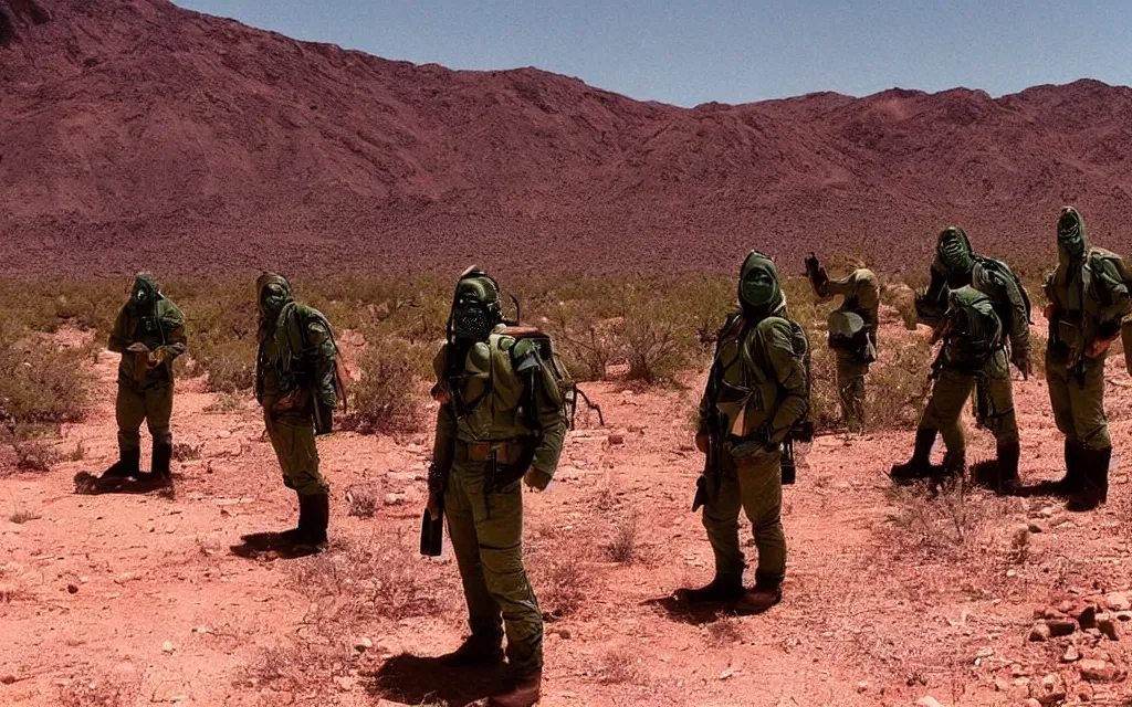 Image similar to a team of five people in dark green tactical gear like death stranding and masks, red mesas behind them, look at a desert oasis in the distance. They 're afraid. dusty, red, mid day, heat shimmering, 35mm film