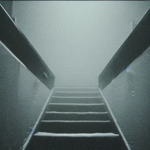 Image similar to Beautiful Fuzzy cameraphone 2000s, Photograph of foggy school stairs with water on the floor