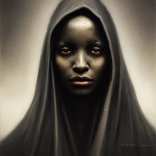 Image similar to a portrait of a young black woman wearing a long dark cloak, hood and shadows covering face, anatomically correct, beautiful perfect face, enigmatic, oil painting, matte painting, black background, Volumetric dynamic lighting, Highly Detailed, Cinematic Lighting, Unreal Engine, 8k, HD, by Beksinski