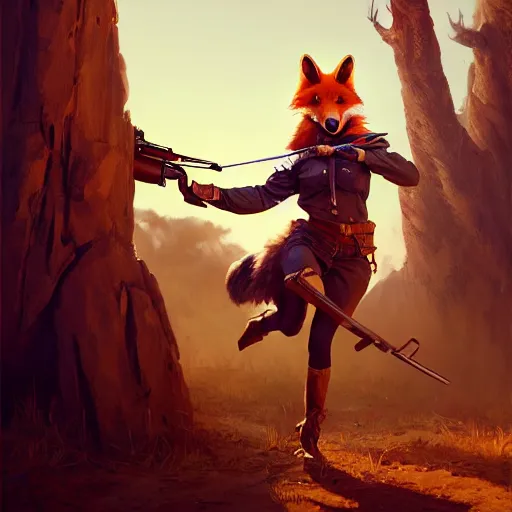 Image similar to splash art of cute anthropomorphic vulpes vulpes fulva as a bounty huntress in wild west in a gunfight, rugged clothes, motion blur, bullets whizzing, high energy : by weta, greg rutkowski, wlop, ilya kuvshinov, rossdraws, artgerm, octane render, iridescent