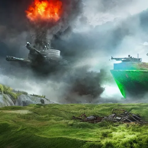 Image similar to natural looking fight landscape of ww 1 deep trenches with fortifications, crabs fighting with elephants, green gas spreading across land, futuristic tank is on fire, ground explosion in the background, alien mothership in the sky, hyper realistic, highly detailed, dramatic lighting, raytarced, god rays, 4 k, 8 k, matte painting