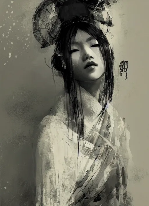 Image similar to female geisha girl, beautiful face, black and white, rule of thirds, intricate outfit, spotlight, by greg rutkowski, by jeremy mann, digital painting