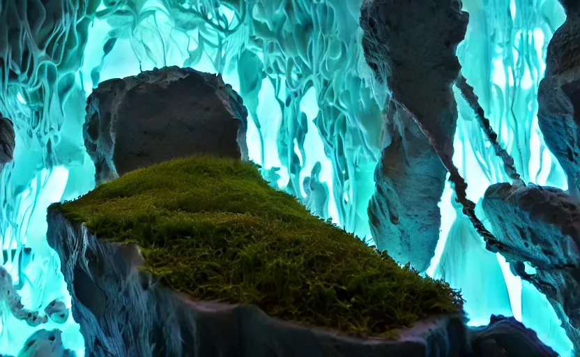 Prompt: liquid nitrogen and red water-cooling coolant flowing through latent representations of ice caverns by centrifugal forces, vegetation!, computer circuitry sticking out the walls!!!!!, high detail, high contrast!, low-poly elements!!!, trending on artstation, octane render, subsurface scattering, 4k