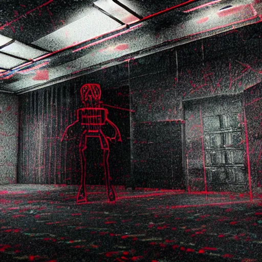 Prompt: cctv of an extremely dark empty abandoned building with glowing humanoid cryptid made out of television static, dark deep black shadows, red and black color contrast in the style of trevor henderson and james ensor goya, liminal space, 3 d octane render, glitch effect