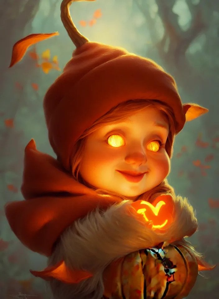 Image similar to hand drawn cute one gnomes face in autumn and pumpkin, detailed closeup face, concept art, low angle, high detail, warm lighting, volumetric, godrays, vivid, beautiful, trending on artstation, art by artgerm and greg rutkowski and alphonse mucha