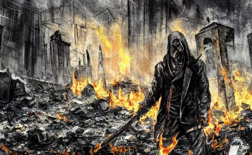 Prompt: Hell’s top assassin carrying a black crystal knife, steps out of a pile of burning garbage in an abandoned cemetery. Night. Neo-expressionist concept art. Trending on DeviantArt. Dark and moody horror masterpiece.