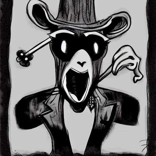 Prompt: a Pop Wonder scary horror themed goofy-hilarious-character-monkey-giraffe-man, dime-store-comic drawn with charcoal and pen and ink, half-tone-line-stacking