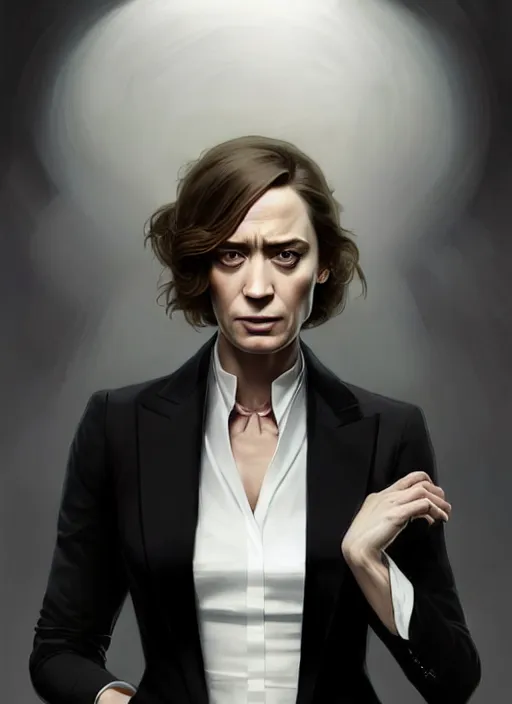 Image similar to portrait of a cat eyed emily blunt as business woman, black suit, white shirt, black tie, intricate, headshot, highly detailed, digital painting, artstation, concept art, sharp focus, cinematic lighting, illustration, art by artgerm and greg rutkowski, alphonse mucha, cgsociety