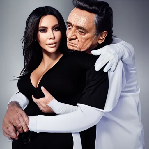 Image similar to johnny cash hugging kim kardashian, kim wearing a skintight nurse outfit, real photo, photoshooting, studio light, hospital background, intricate, epic lighting, cinematic composition, hyper realistic, 8k resolution, unreal engine 5