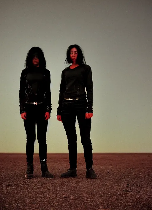 Image similar to cinestill 5 0 d photographic portrait of two loving female androids wearing rugged black techwear on a desolate plain with a red sky, extreme closeup, lizard on ground, cyberpunk style, in front of a brutalist dark metal facility, dust storm, 3 5 mm, 8 k, hd, f / 3 2, high resolution, ultra realistic faces