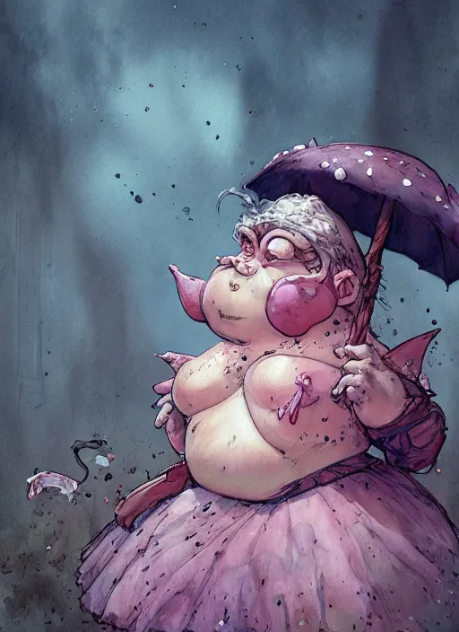 Image similar to A fat goblin princess with a tattered pink tutu, mushroom umbrella, watercolor, dramatic lighting, cinematic, establishing shot, extremely high detail, foto realistic, cinematic lighting, pen and ink, intricate line drawings, by Yoshitaka Amano, Ruan Jia, Kentaro Miura, Artgerm, post processed, concept art, artstation, matte painting, style by eddie mendoza, raphael lacoste, alex ross,