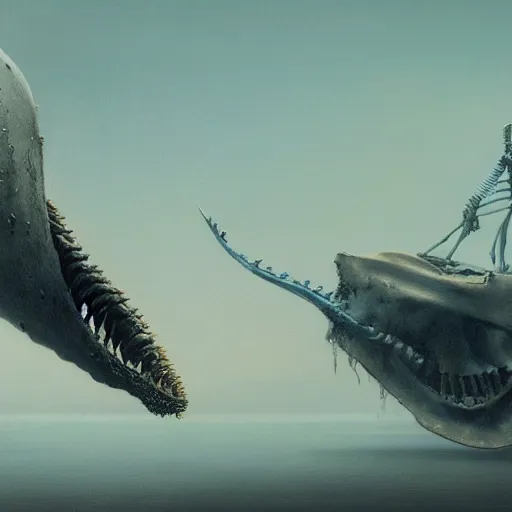 Prompt: A beautiful ultradetailed painting of a smoking broken whale robot skeleton by Zdzislaw Beksinski and tom bagshaw, long shot, wallpaper 4k, trending on artstation