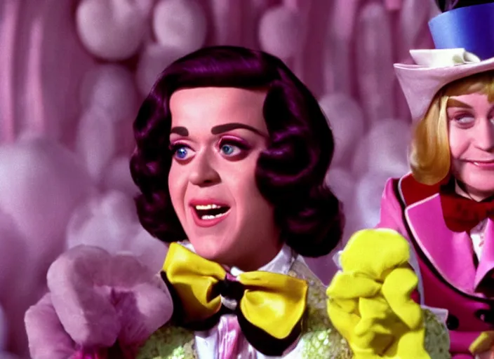 Prompt: a film still closeup of katy perry in willy wonka and the chocolate factory ( 1 9 7 3 )