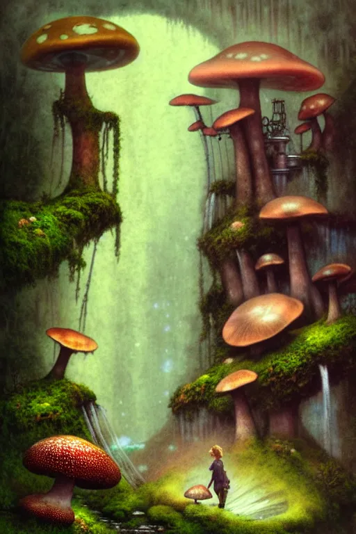 Prompt: adventurer, 1 9 5 0 s retro future steam turbine and mill in forrest of giant mushrooms, moss and flowers stone bridge waterfall. muted colors, jean baptiste monge, charles vess, anato finnstark, cinematic lighting, kay nielsen, jean giraud, leyendecker, chrome red