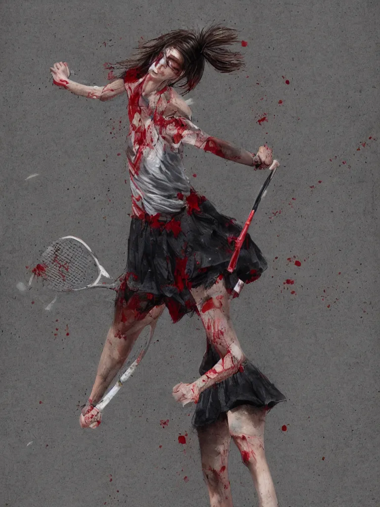 Image similar to young adult woman playing tennis, anime, painful, cardboard, blood stains on shirt, blood on tennis court, bleeding audience, illustration, traditional drawing style, dramatic mood, textured canvas, highly detailed, fine art, melancholic art, oil pastels, 8 k render octane high definition cgsociety