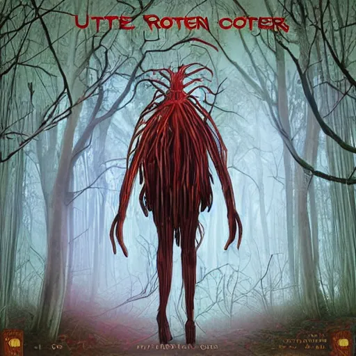 Image similar to ultra realisic creepy long leg monster cover of roten flowers in a dark forest at midnight