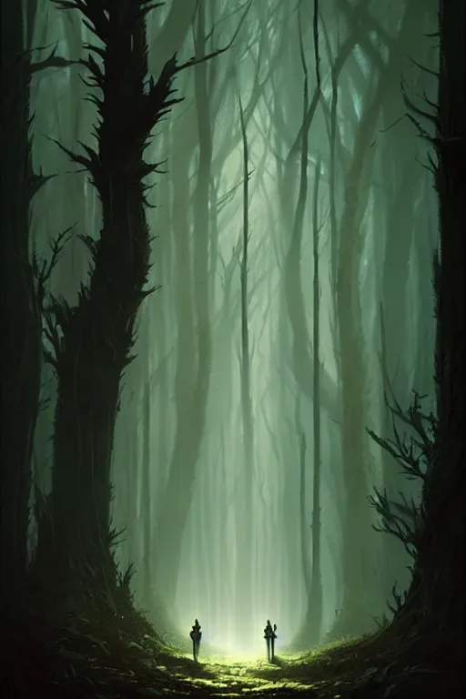 Prompt: greg rutkowski poster. great deku tree in magical spooky dark woods