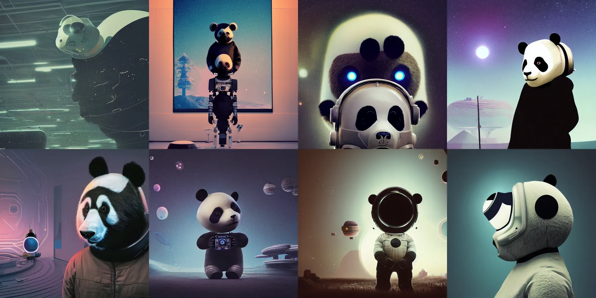 Image similar to beautiful dark landscape, panda bear wearing a space helmet standing looking at a giant cyborg robot panda bear head, in the style of beeple and Mike Winkelmann, photo real, ultra realistic, intricate, epic lighting, 8k resolution,