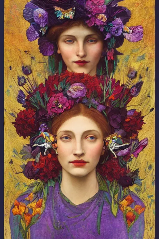 Image similar to queen of flowers, by Annie Swynnerton, and Tino Rodriguez and Nicholas Roerich, elaborate headdress and embroidered velvet, iridescent beetles, rich color, dramatic cinematic lighting, extremely detailed, featured on artstation