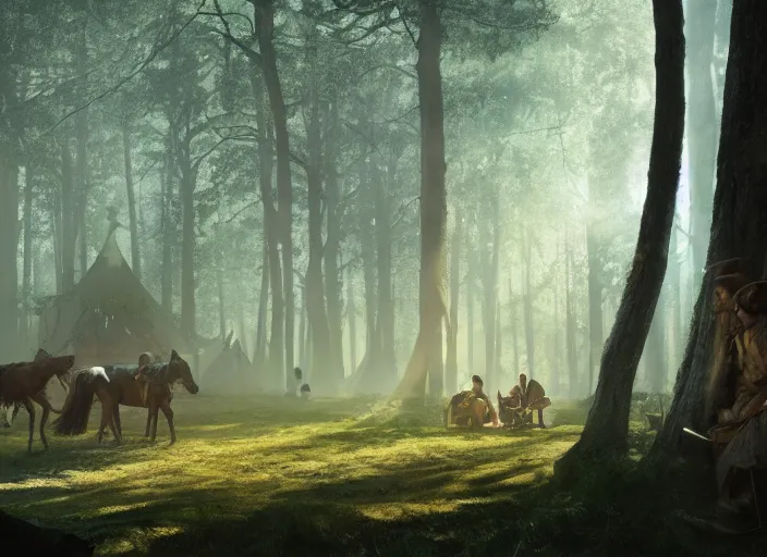 Image similar to atmospheric cinematic artwork of Robin Hood at his camp in Sherwood forest, dusk, sun rays through the trees by Greg Rutkowski, 4k, masterpiece