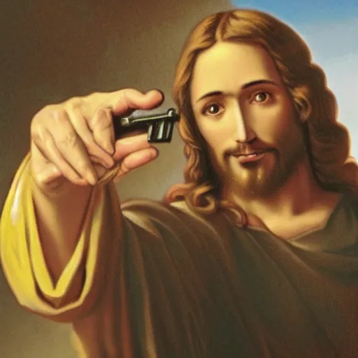 Image similar to jesus christ holding one pistol with each hand