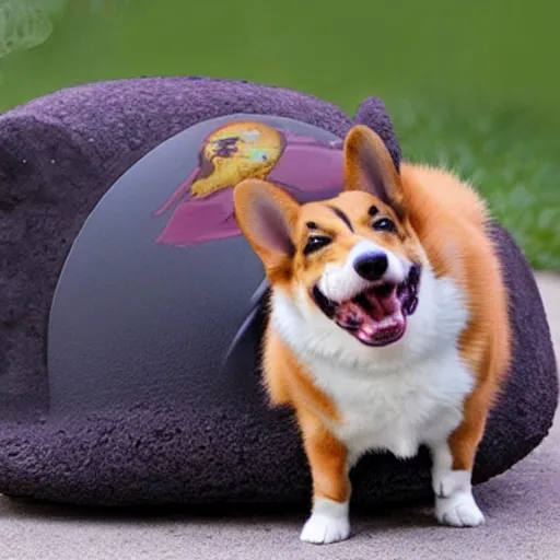 Image similar to realistic photo of corgi with saddle, cat on top of it