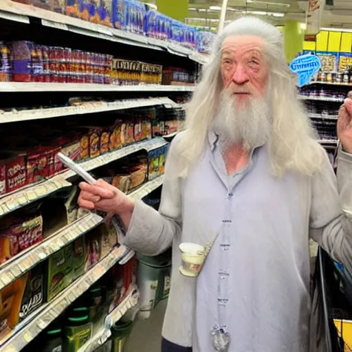 Prompt: Gandalf stacking shelves at a supermarket, depressing