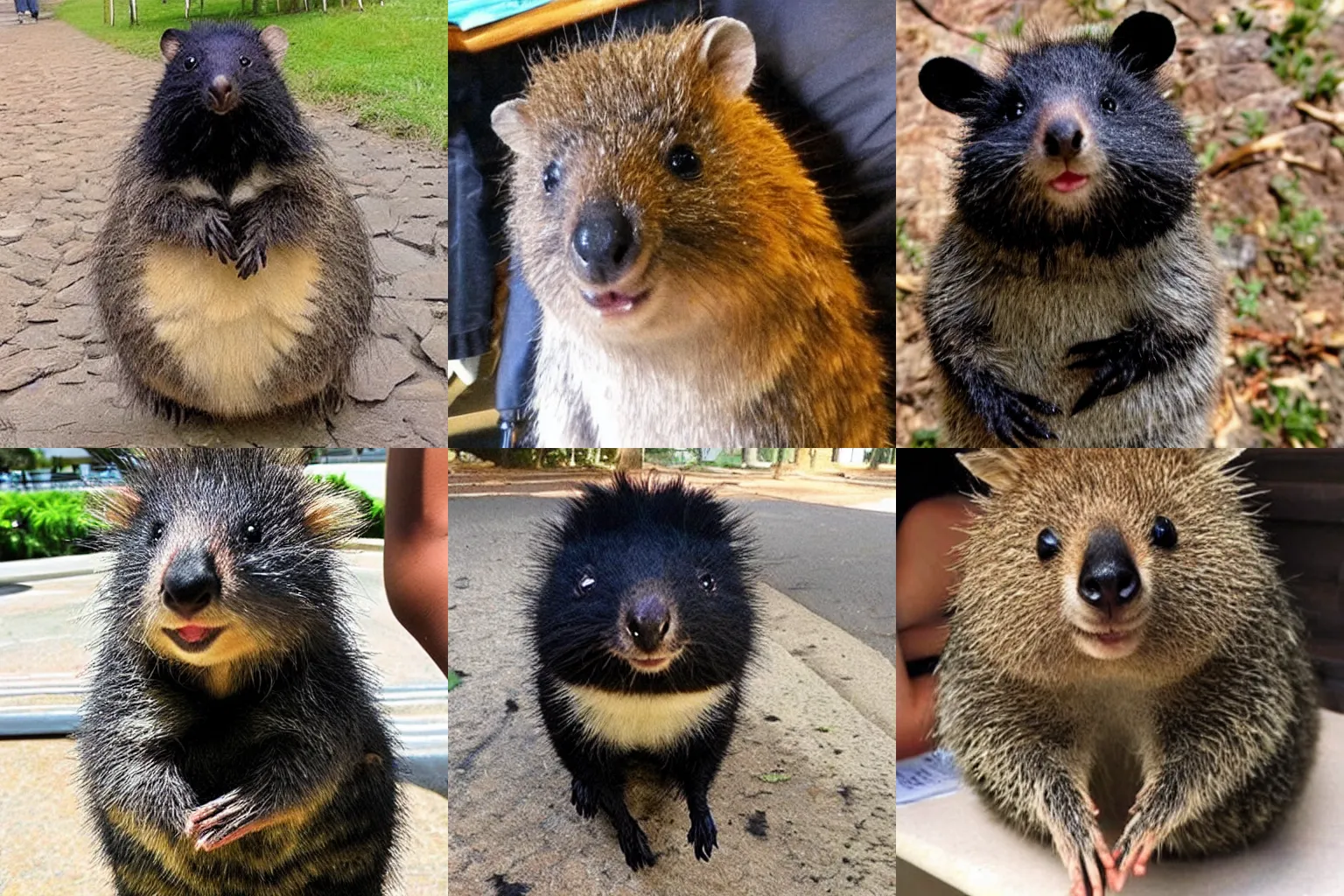 Prompt: black hair wig on a quokka wearing a black hair wig, wig!!