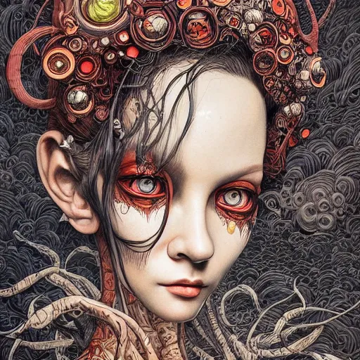 Image similar to beautiful portrait painted in jacek yerka style drawn by vania zouravliov and takato yamamoto, inspired by cyberpunk, intricate acrylic gouache painting, high detail, sharp high detail, artstation, manga and anime