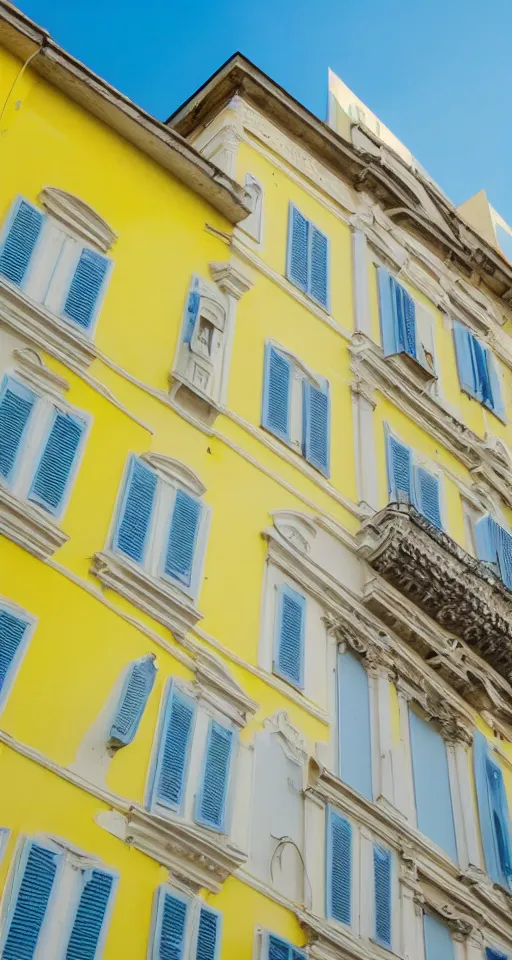 Image similar to pastel yellow italian architecture in front of a light blue clear sky, beautiful, minimalistic, aesthetic, realistic