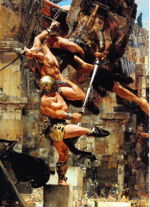 Image similar to huge warrior jocko willink vs godlike achilles at the walls of troy, dynamic action science fiction, by john berkey and lawrence alma tadema and rick berry and norman rockwel