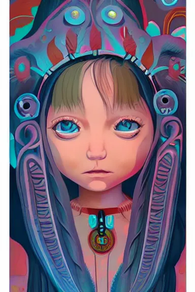 Image similar to little girl character inspired in indigenous and raven, digital art by ruan jil and lois van baarle highly detailed, anatomically correct, symmetrical, experimental design, extremely coherent