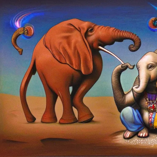 Prompt: a genie made of glass eating an elephant made of sand