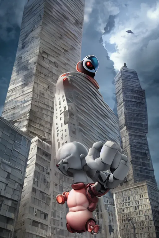 Prompt: evil giant baby with a robo arm and a robo eye in a diaper is taller than office buildings, goes destroying buildings under his feet, art, illustration, 3 d, render