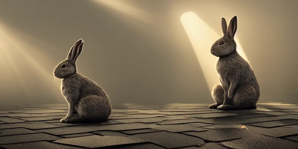 Prompt: A rabbit sits on the roof of a temple, close-up, light through the mist, dramatic lighting, photorealistic, cinematic lighting, high detail, cinematic feel, high octane, 4K, Unreal Engine, digital render, intricate, ultra realistic, concept art