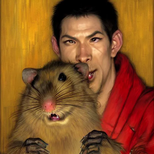 Image similar to a portrait of a male splinter ninja rodent mutant in a red kimono in the sewers. furaffinity furry art detailed face painting by gaston bussiere craig mullins jc leyendecker gustav klimt artgerm greg rutkowski furry