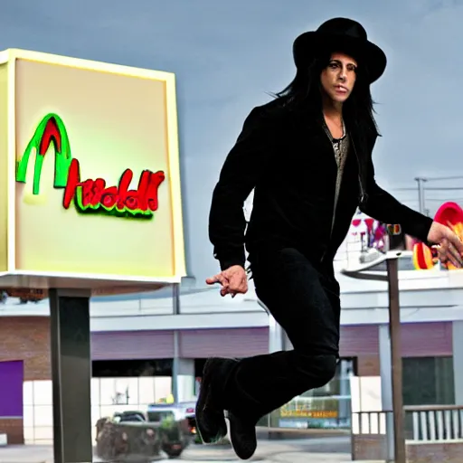 Image similar to criss angel mindfreak levitating over mcdonalds