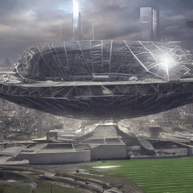 Prompt: a futuristic stadium with a giant metal gear on the field, the metal gear is tall, the stadium has a full crowd, unreal engine, hyper realism, realistic shading, cinematic composition, realistic render, octane render, detailed textures, photorealistic, wide shot