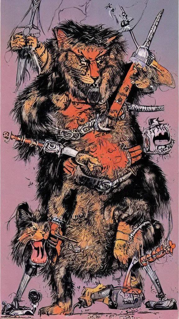 Image similar to 1 9 8 0 s heavy metal magazine illustration of a barbarian cat by ralph bakshi