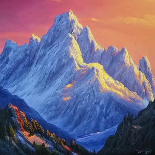 Prompt: the most beautiful and romantic alpine mountain painting in the world