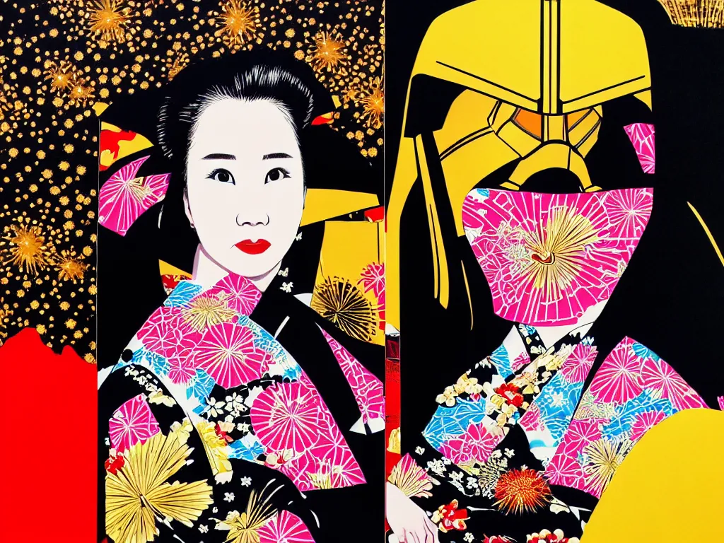 Image similar to hyperrealistic composition of the detailed woman in a japanese kimono sitting at a extremely detailed black jack table with golden darth vader, fireworks, mountain fuji on the background, pop - art style, jacky tsai style, andy warhol style, acrylic on canvas