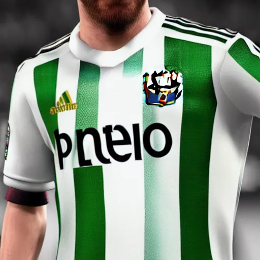 Prompt: leo messi dressed with the betis football team shirt and betis badge, 8 k, realistic